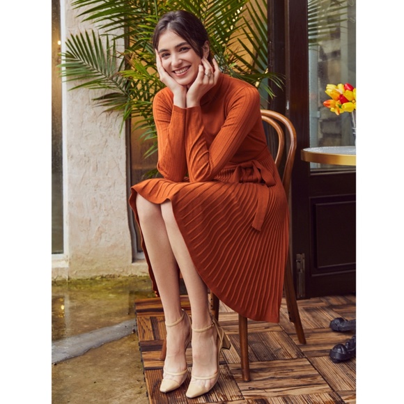 Pumpkin Orange Turtleneck Knit Belted Dress - Picture 4 of 16